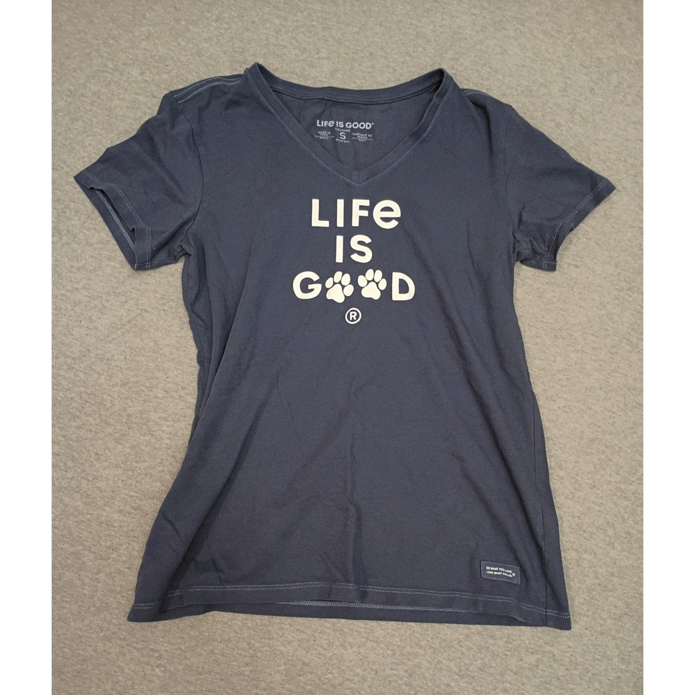 Life is Good Crusher Tee Womens Small Blue Dog Paw Print V-Neck Graphic T-Shirt